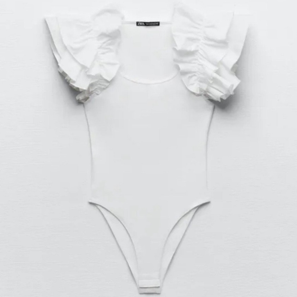 NWOT ZARA Ribbed Dramatic Layered Ruffle Sleeve Bodysuit - White - Sz M - Picture 7 of 8